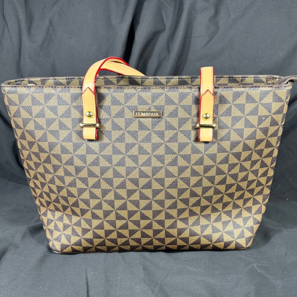 Elim & Paul Tan with Cream Square Patterned Tote Purse - Like New